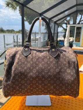 Louis Vuitton Vintage 2008 Monogram Mini Lin Speedy 30 Brown Ebene Trim Satchel